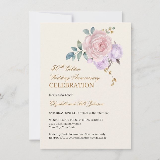 Invitation Floral rose violet or 50e anniversaire Mariage (Devant)
