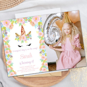 Invitation Floral rose violet Unicorne Photo Anniversaire