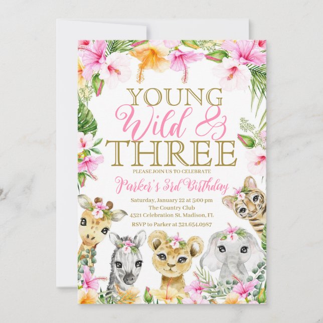 Invitation Floral rose Votre Sauvage & Trois Jungle Fille Ann (Devant)
