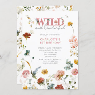 Invitation Floral rose Wild & Onederful Girl 1er anniversaire