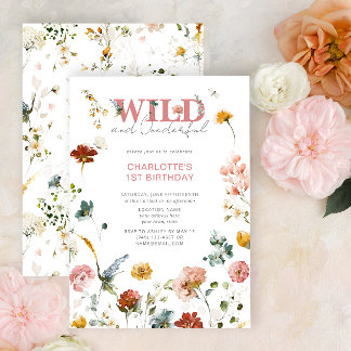 Invitation Floral rose Wild & Onederful Girl 1er anniversaire