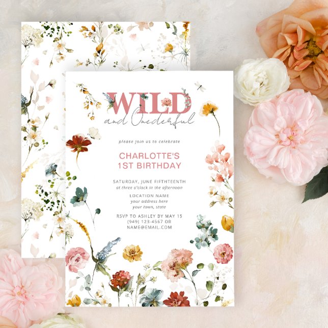Invitation Floral rose Wild & Onederful Girl 1er anniversaire (Easily personalize this 1st Birthday Invitation with your details for a very special event!)