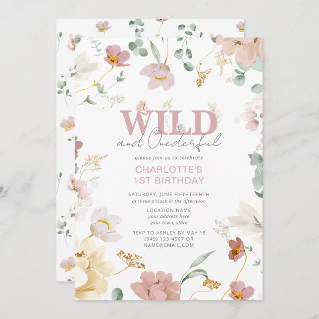 Invitation Floral rose Wild & Onederful Girl 1er anniversaire (Devant / Derrière)