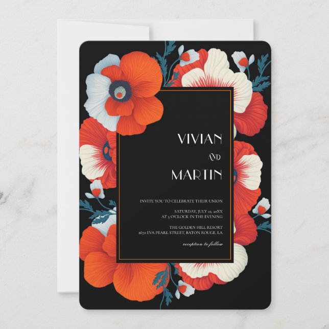 Invitation Floral rouge brillant Floral Qr code Mariage (Devant)