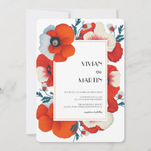 Invitation Floral rouge brillant Floral Qr code Mariage