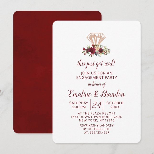 Invitation Floral Rouge, Ça Vient D'Être Une Véritable Partie (Devant / Derrière)