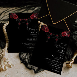 Invitation Floral rouge et Mariage cristal - Noir