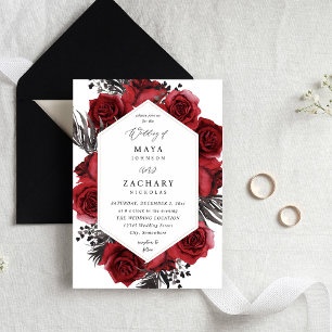 Invitation Floral rouge et Mariage noir