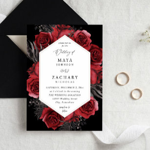 Invitation Floral rouge et Mariage noir - Noir