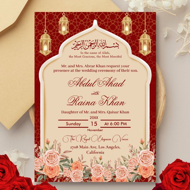 Invitation Floral Rouge et or Mariage musulman islamique (Créateur téléchargé)