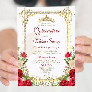 Invitation Floral Rouge Mexicaine Fille Couronne Sweet 15e an