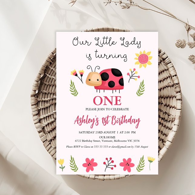 Invitation Floral Rouge Noir Notre Petite coccinelle 1er Anni (Little Lady Ladybug 1st Birthday Invitation Template Cute, Floral Ladybug Birthday Invitation, Pink)