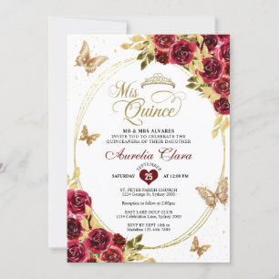 Invitation Floral Rouge Or Tiara Butterfly Mis Quinceañera