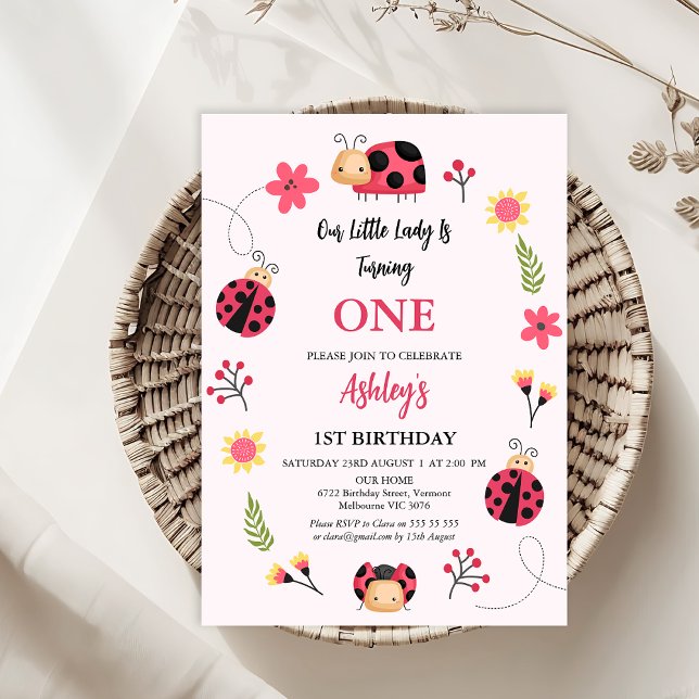 Invitation Floral rouge rose Notre Petite coccinelle 1er Anni (Ladybug 1st Birthday Invitation Template, Editable Our Little Lady Ladybug Birthday Invitation)