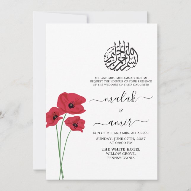 Invitation Floral rouge Simple noir musulman Mariage musulman (Devant)