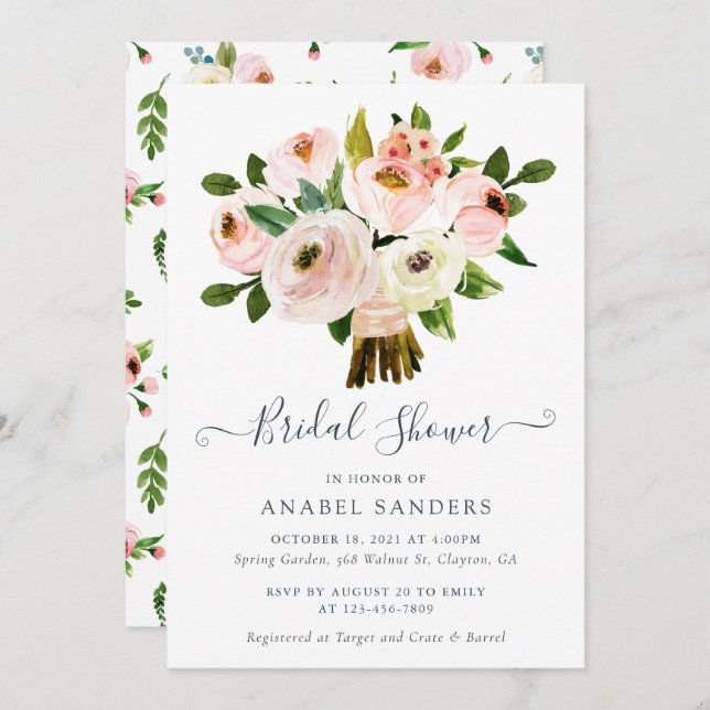 Invitation Floral rougissent la Fête de la mariée de pivoines (Devant / Derrière)