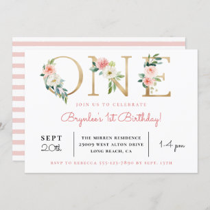 Invitation Floral roux Golden ONE  1er anniversaire Invitatio