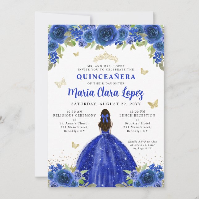 Invitation Floral Royal Blue Butterfly Princess Quinceanera (Devant)