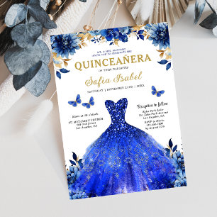 Invitation Floral Royal Blue Butterfly Princess Quinceanera