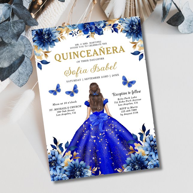 Invitation Floral Royal Blue Butterfly Princess Quinceanera (Créateur téléchargé)