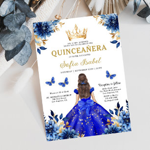 Invitation Floral Royal Blue Butterfly Princess Quinceanera