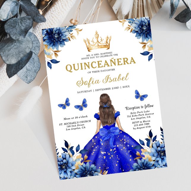 Invitation Floral Royal Blue Butterfly Princess Quinceanera (Créateur téléchargé)