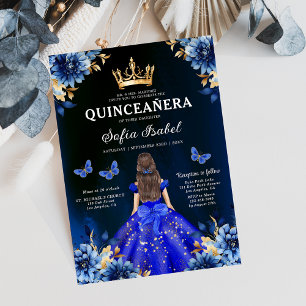 Invitation Floral Royal Blue Butterfly Princess Quinceanera