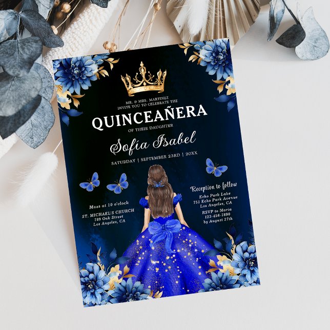 Invitation Floral Royal Blue Butterfly Princess Quinceanera (Créateur téléchargé)