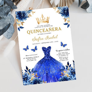 Invitation Floral Royal Blue Butterfly Princess Quinceanera