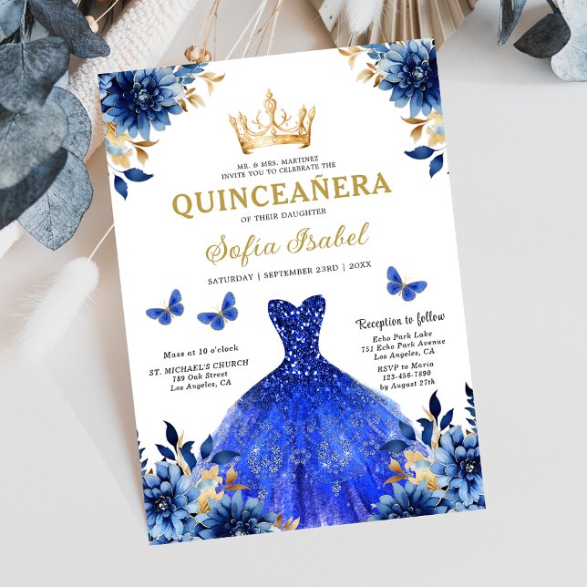 Invitation Floral Royal Blue Butterfly Princess Quinceanera (Créateur téléchargé)