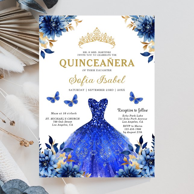 Invitation Floral Royal Blue Butterfly Princess Quinceanera (Créateur téléchargé)