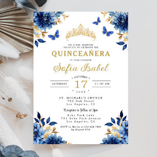 Invitation Floral Royal Blue Butterfly Princess Quinceanera