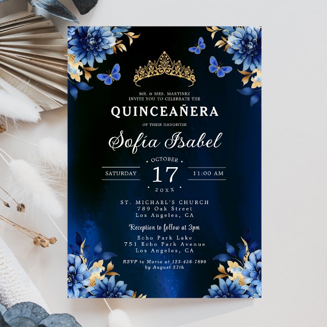 Invitation Floral Royal Blue Butterfly Princess Quinceanera (Créateur téléchargé)