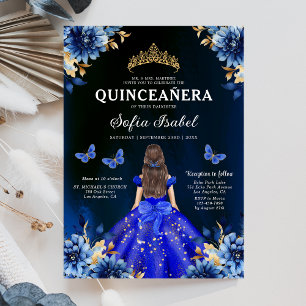 Invitation Floral Royal Blue Butterfly Princess Quinceanera