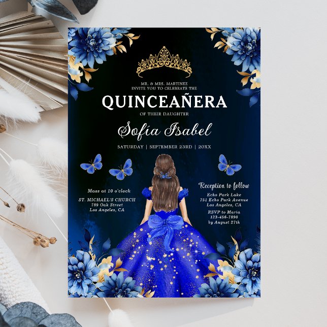 Invitation Floral Royal Blue Butterfly Princess Quinceanera (Créateur téléchargé)