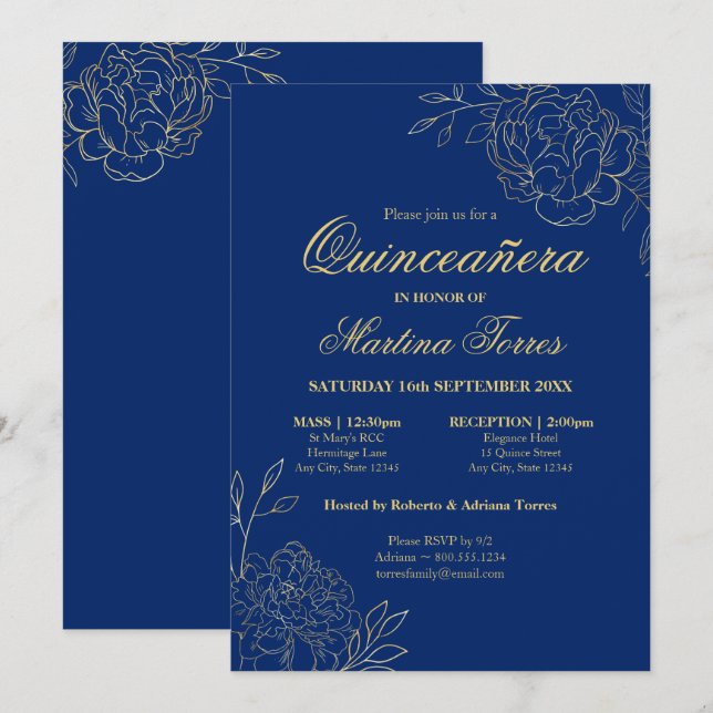 Invitation Floral Royal Blue Gold Fine Art Quinceanera (Devant / Derrière)