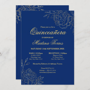 Invitation Floral Royal Blue Gold Fine Art Quinceanera
