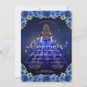 Invitation Floral Royal Blue Gold Glam Princess Quinceanera
