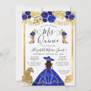 Invitation Floral Royal Blue Gold Horse Charra Quinceanera