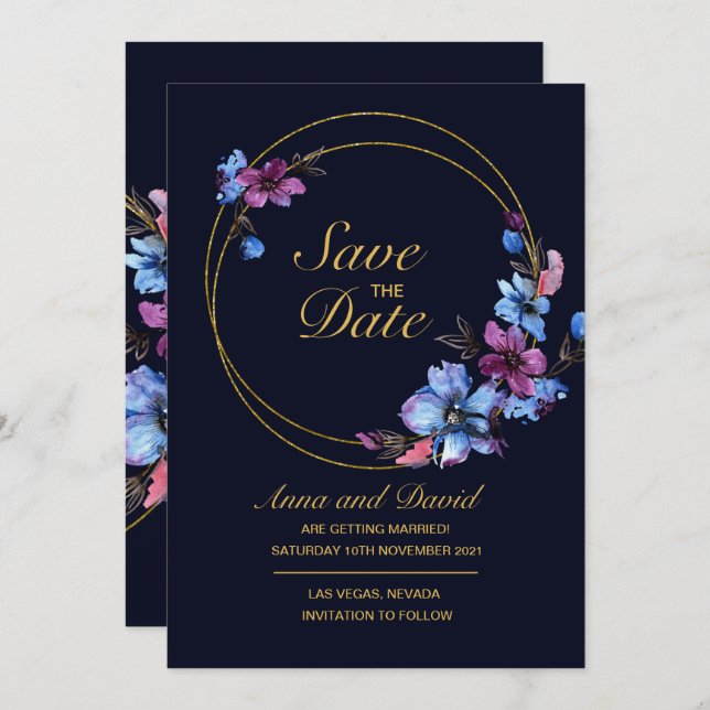 Invitation Floral Royal Blue Moderne Économisez La Date (Devant / Derrière)