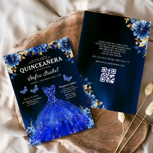 Invitation Floral Royal Blue QR Code Princess Quinceanera