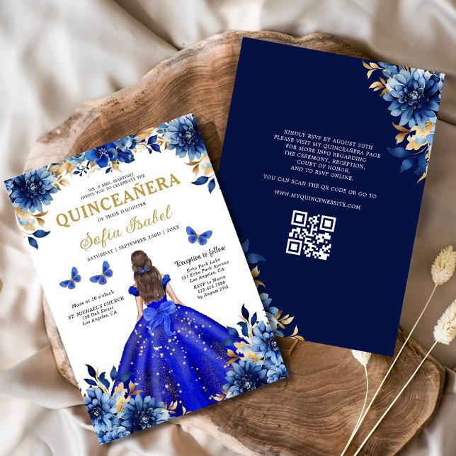 Invitation Floral Royal Blue QR Code Princess Quinceanera (Créateur téléchargé)