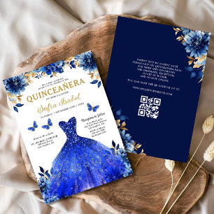 Invitation Floral Royal Blue QR Code Princess Quinceanera