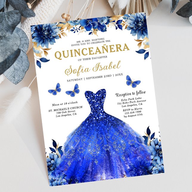 Invitation Floral Royal Blue Quinceanera espagnol bilingue (Créateur téléchargé)