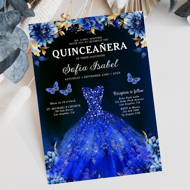 Invitation Floral Royal Blue Quinceanera espagnol bilingue (Créateur téléchargé)