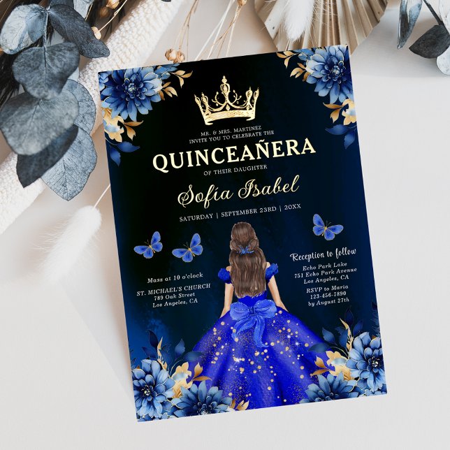 Invitation Floral Royal Blue Quinceanera espagnol bilingue (Créateur téléchargé)