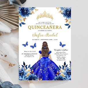 Invitation Floral Royal Blue Quinceanera espagnol bilingue