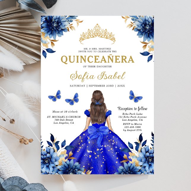 Invitation Floral Royal Blue Quinceanera espagnol bilingue (Créateur téléchargé)