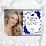 Invitation Floral Royal Blue Silver White Photo 50e anniversa<br><div class="desc">Elégante invitation au 50e anniversaire fleurie féminine avec votre photo. Glam, blanc et bleu roi design avec fausse parties scintillant argent. Comprend des rayures, des roses bleu saphir, des caractères de script et des confettis. Parfait pour une fête anniversaire adulte élégante. Personnalisez avec vos propres détails. Peut être customisé pour...</div>