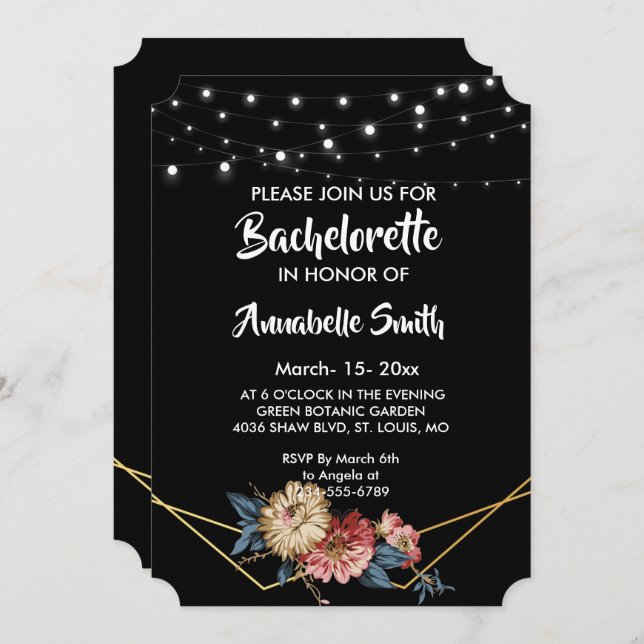 Invitation Floral Rustic Magnolia String Lumières bachelor (Devant / Derrière)